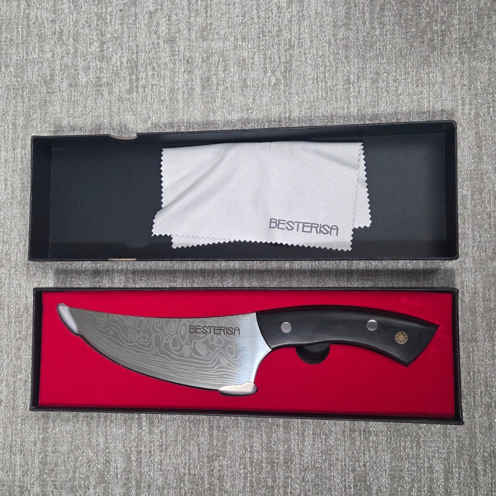Besterisa Chef Butcher Boning Knife Curved Damascus Pattern Blade NEW in Box